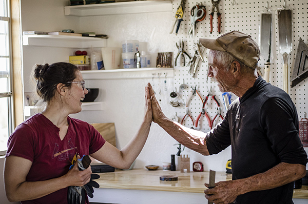 high five in the studio, from session exploring wood, photo by Jim O'Donnell